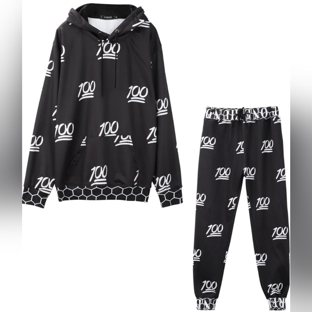 Yeezy UNISEX Black & White 💯 Emoji Windbreaker Hoodie and Joggers Set Size LG
